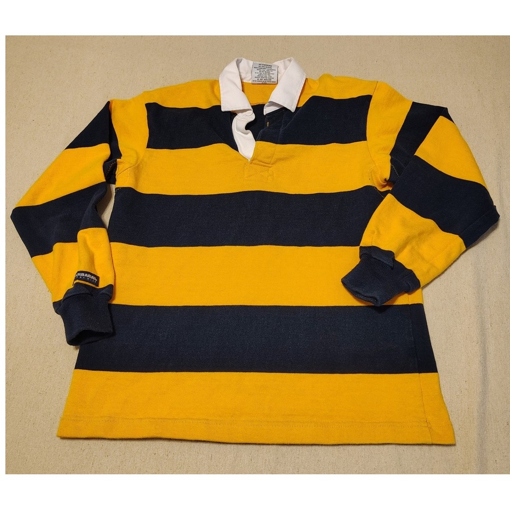 Barbarian Rugby Wear Shirt Mens Small Yellow Navy Blue Striped Long Sleeve